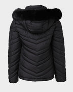 Fuzzy Trim Hooded Puffer Jacket with Shirred Zipper Pockets