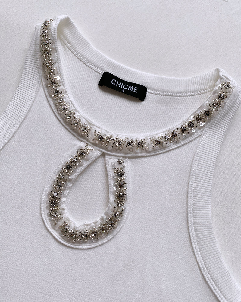 Rhinestone-Embellished Tank with Keyhole Neck and Sequin Details