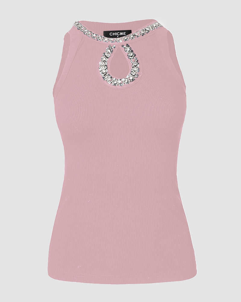 Sequin Keyhole Neck Sleeveless Rhinestone Ribbed Tank Top