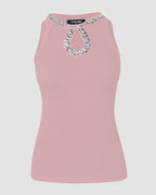 Sequin Keyhole Neck Sleeveless Rhinestone Ribbed Tank Top