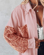 Raw Hem Sequin Patchwork Denim Shacket with Button Front