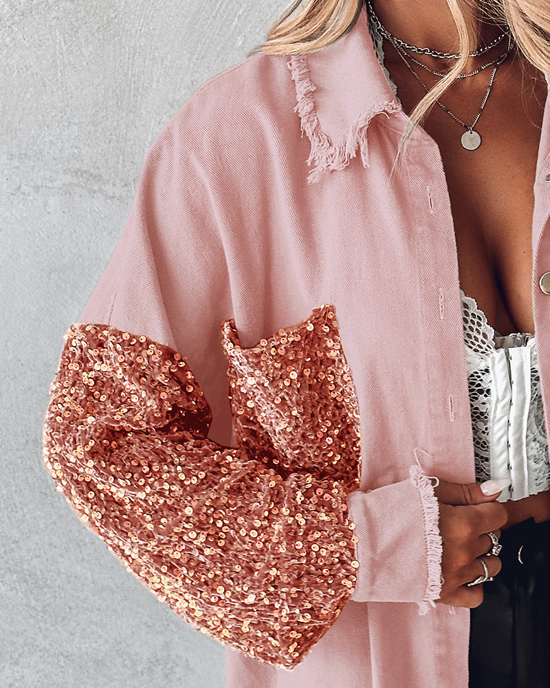 Raw Hem Sequin Patchwork Denim Shacket with Button Front