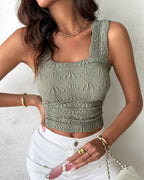 Floral Jacquard Square Neck Crop Top with Thick Straps
