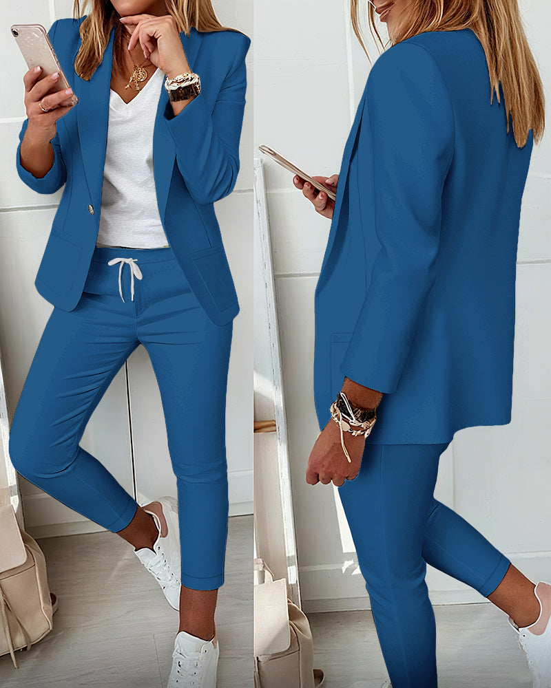 2-Piece Shawl Collar Blazer Set with Slim Fit Drawstring Pants