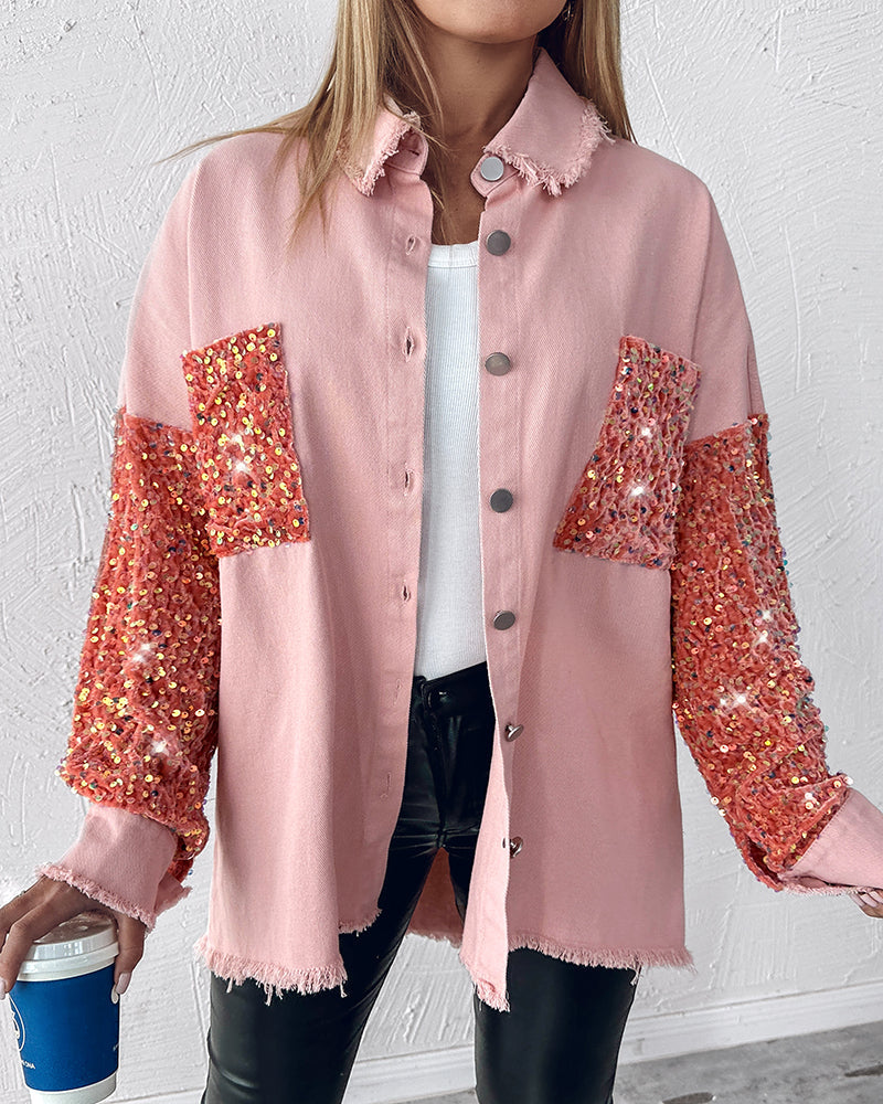 Raw Hem Sequin Patchwork Denim Shacket with Button Front