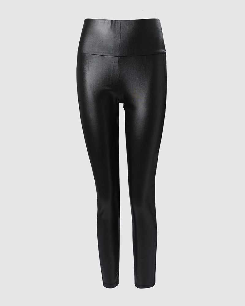 Mesh Detail Rhinestone High-Waisted Skinny Faux Leather Pants