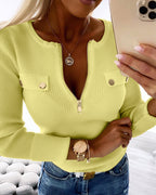 Half-Zip Ribbed Knit Crewneck Sweater with Flap Detail Pullover.