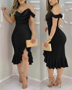 Pearl-Strap Cowl Neck Bodycon Dress with Ruffled Hem