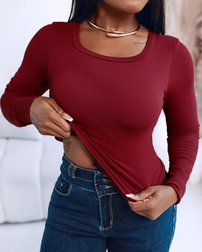 U-Neck Long-Sleeve Tee with Integrated Bra: High-Stretch Knit Top