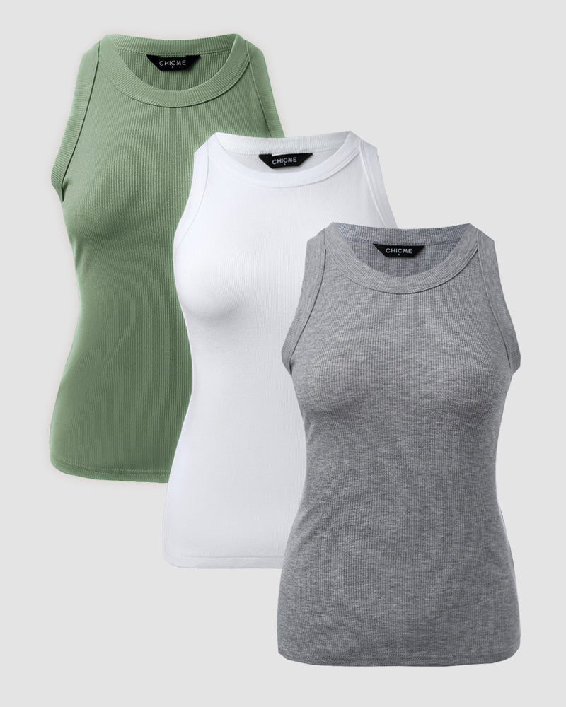 3-Pack Knit Racerback Tank Tops, Round Neck, Thick Straps