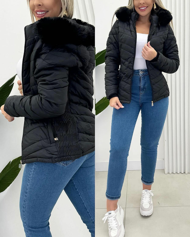 Fuzzy Trim Hooded Puffer Jacket with Shirred Zipper Pockets