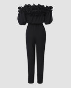 Off-Shoulder Frill Trim Textured Jumpsuit with Tie Waist