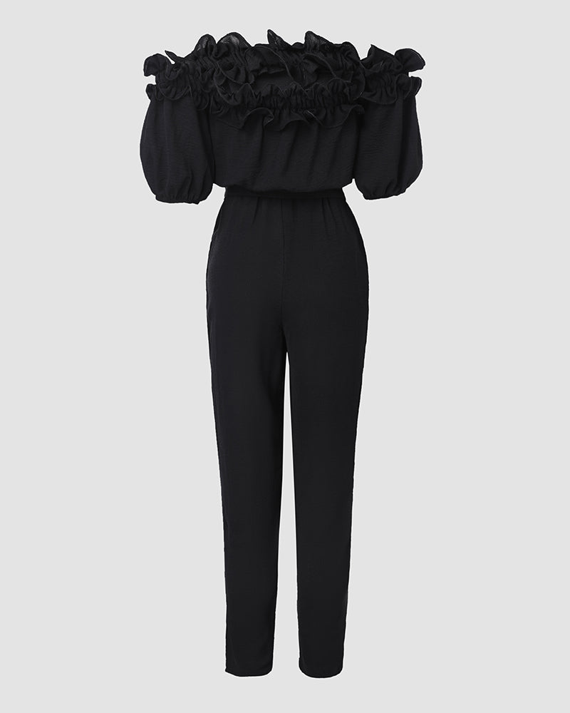 Off-Shoulder Frill Trim Textured Jumpsuit with Tie Waist