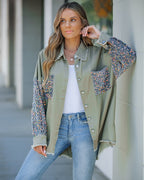 Raw Hem Sequin Patchwork Denim Shacket with Button Front