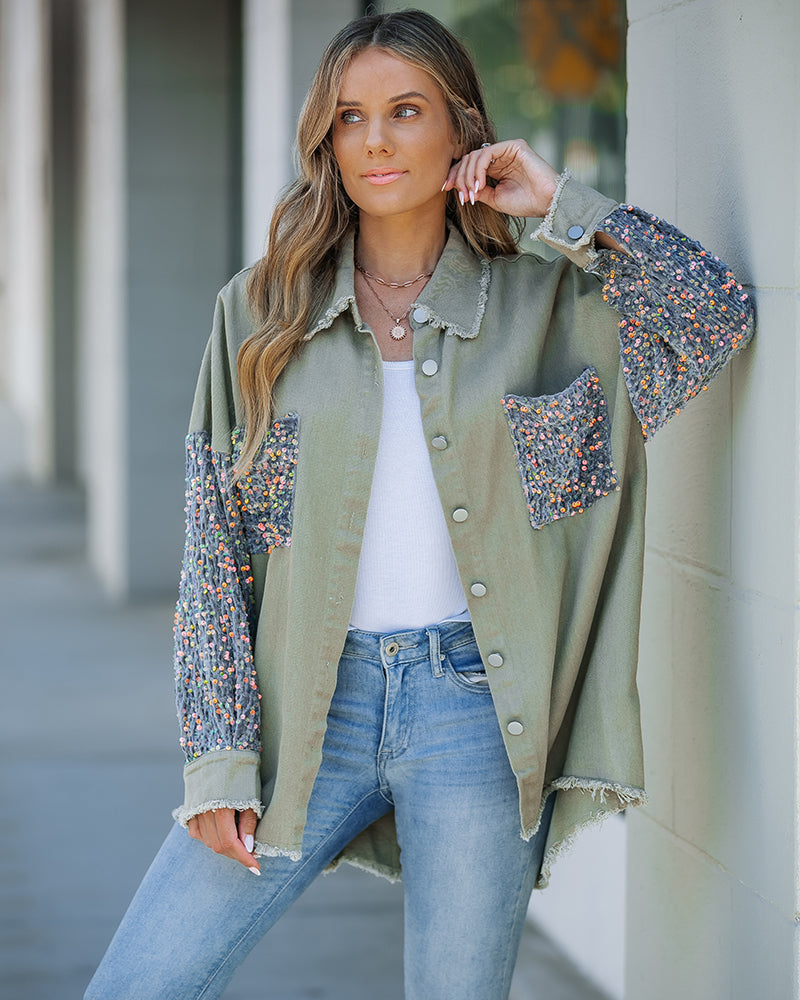 Raw Hem Sequin Patchwork Denim Shacket with Button Front