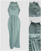 Ruched Halter Dress with Lace Yoke and Adjustable Neckline