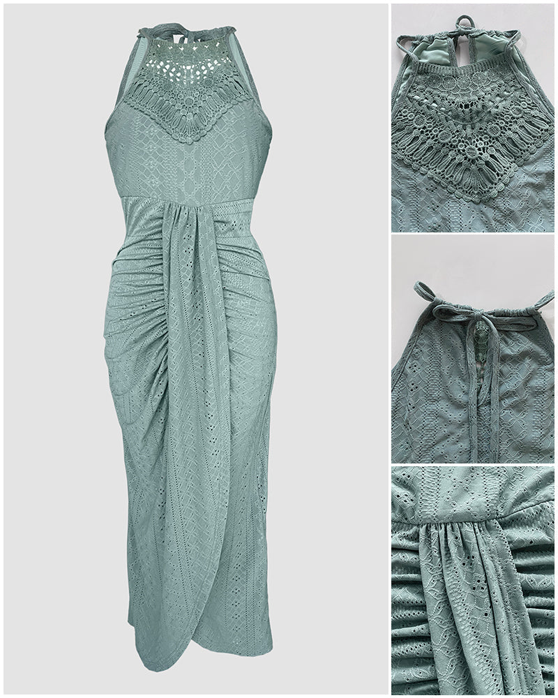 Ruched Halter Dress with Lace Yoke and Adjustable Neckline