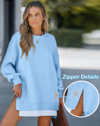 Drop Shoulder Zip-Side Long Sleeve Pullover with Slit Detail.