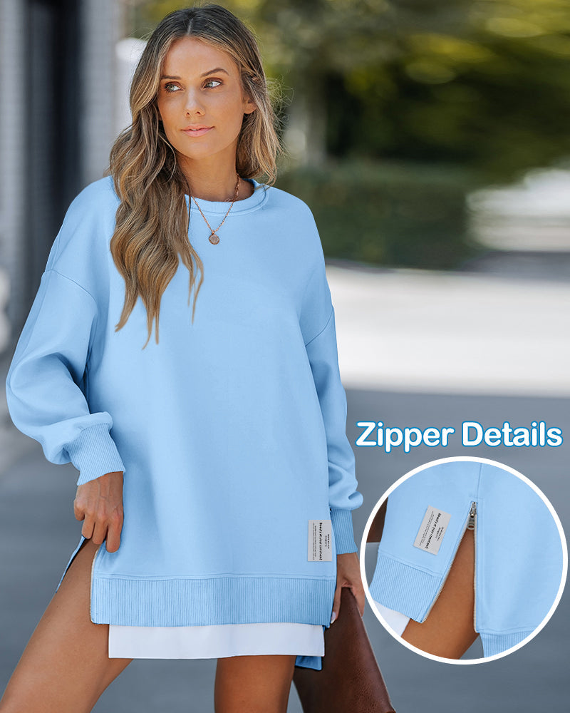 Drop Shoulder Zip-Side Long Sleeve Pullover with Slit Detail.