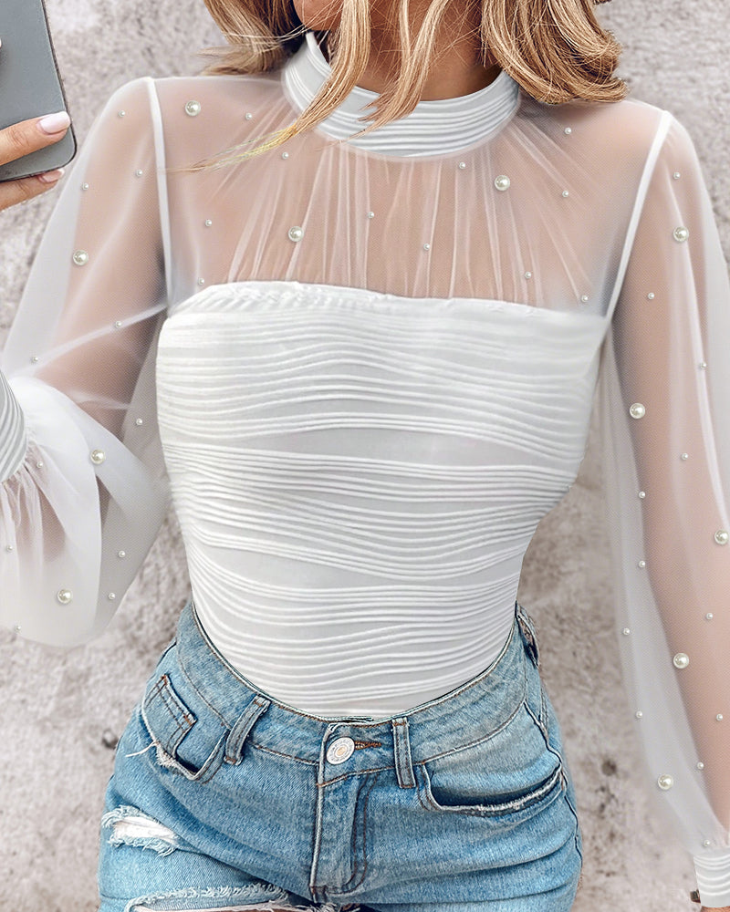 Pearl-Embellished Mesh-Inset Ruched Tee with Open-Back Detail