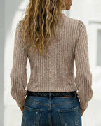 Asymmetrical Button Detail Ribbed V-Neck Long Sleeve Knit Tee