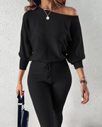Skew Neck Pullover with High-Waist Drawstring Pants Set