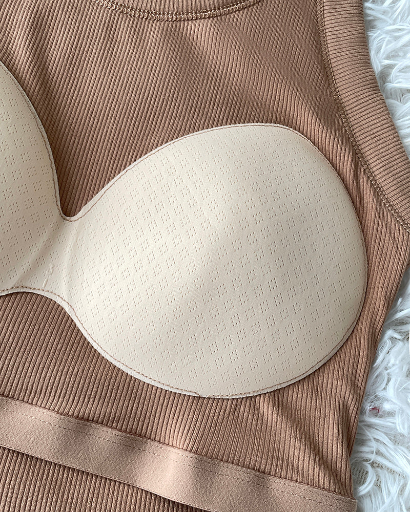 Round Neck Ribbed Tank Top with Integrated Bra