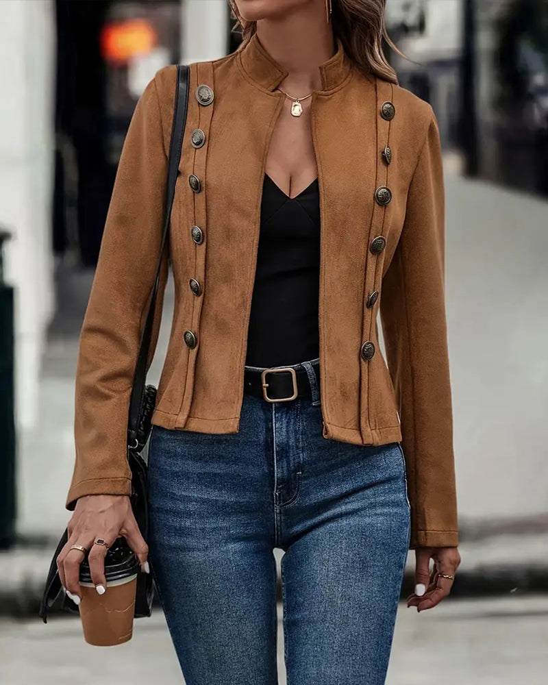 Faux Suede Jacket with Stand Collar and Button-Up Front
