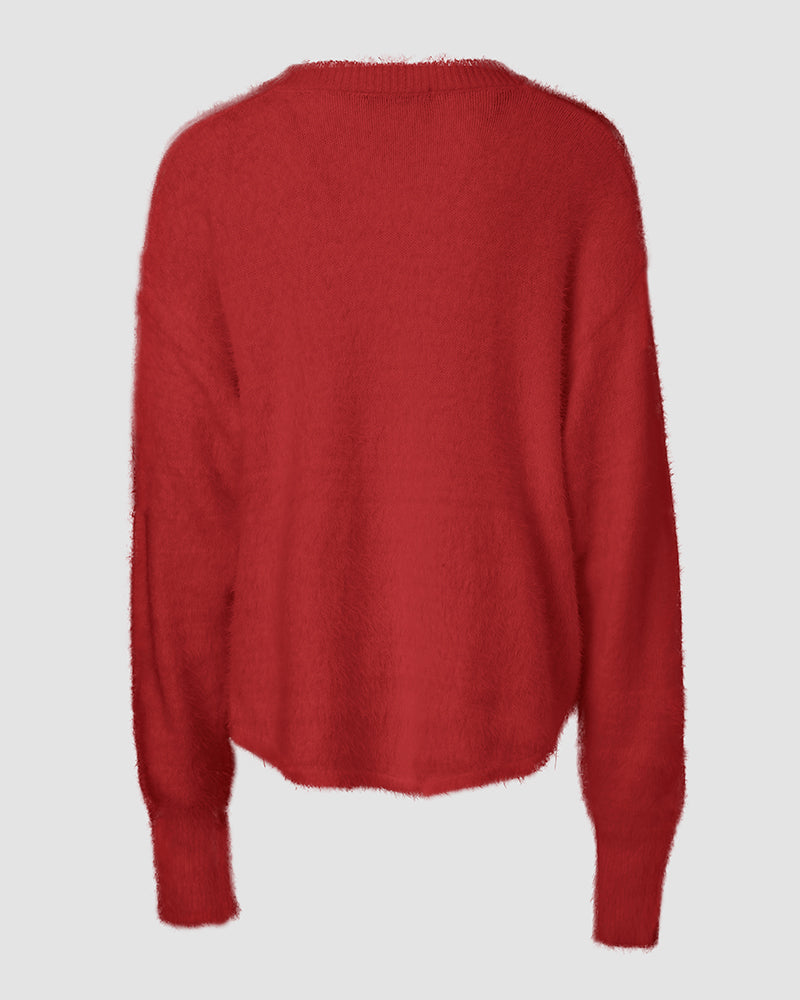 V-Neck Beaded Long Sleeve Fluffy Oversized Pullover Sweater