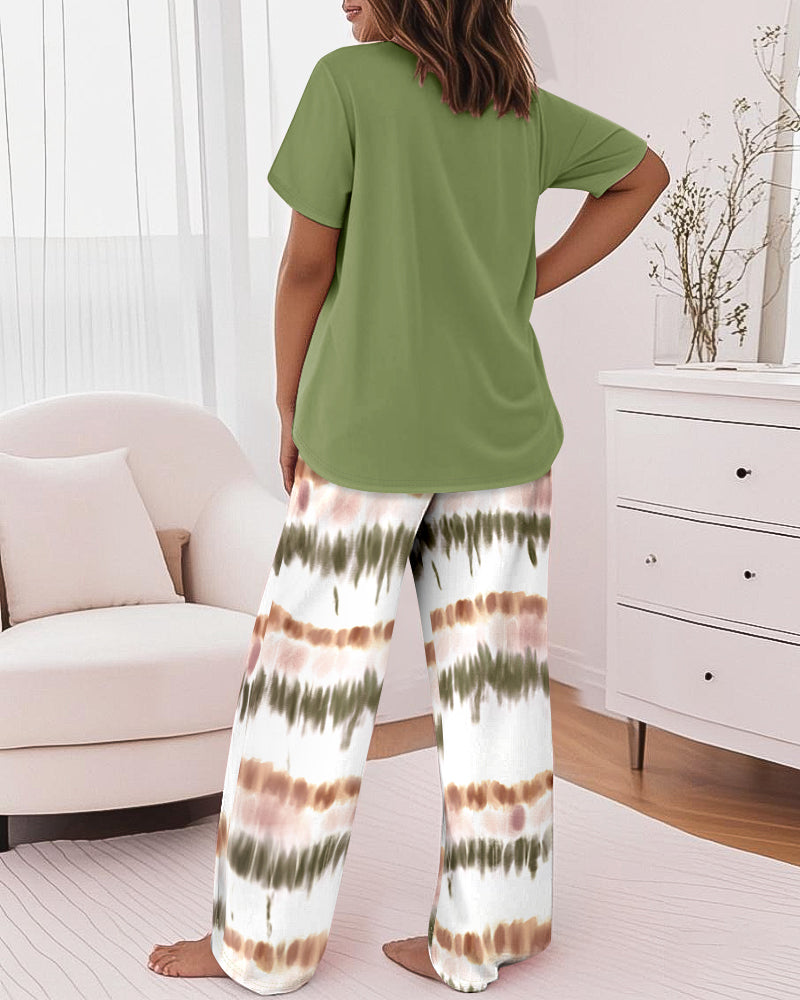 Letter Print Tee and Tie-Dye Pants Cozy Pajama Set