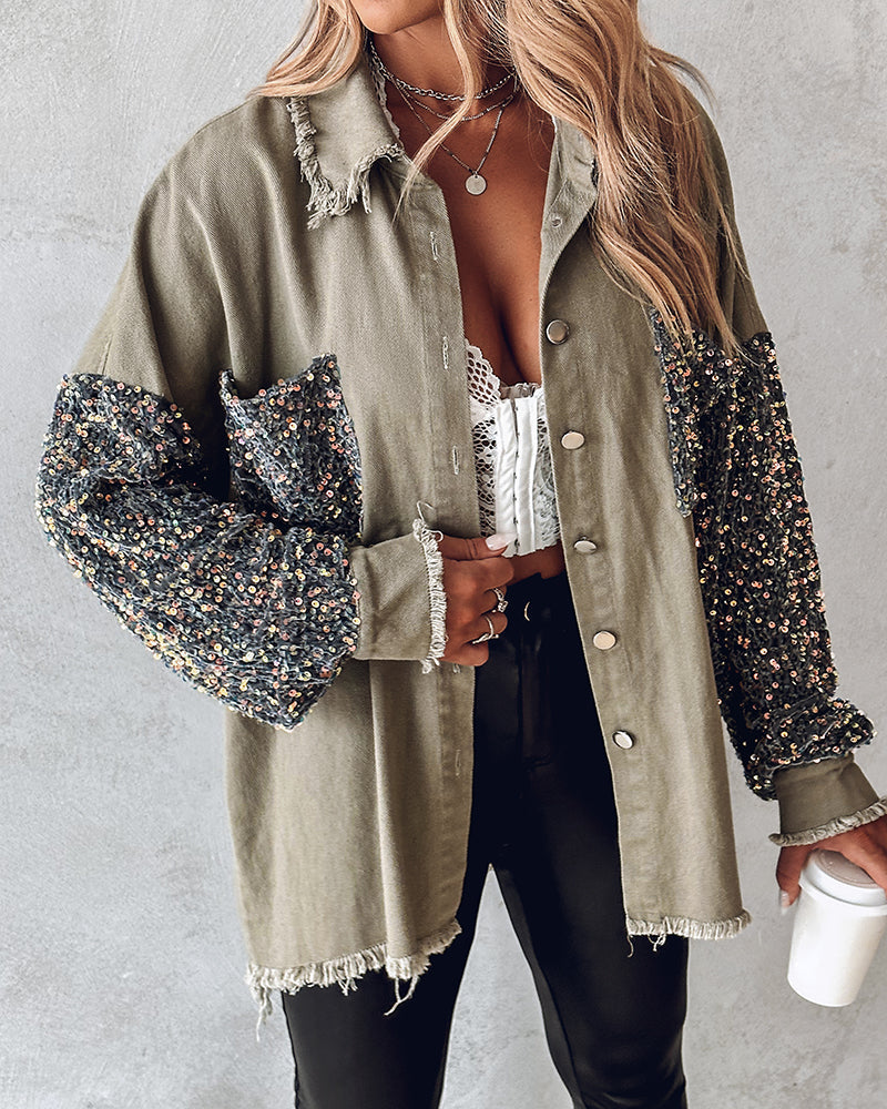 Raw Hem Sequin Patchwork Denim Shacket with Button Front