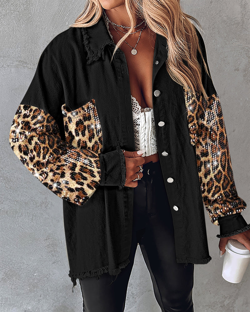 Leopard Sequin Patchwork Shacket with Raw Hem Long Sleeves
