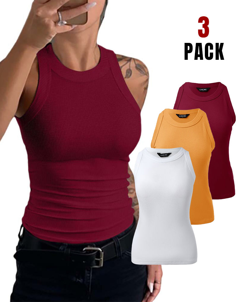 3-Pack Knit Racerback Tank Tops, Round Neck, Thick Straps