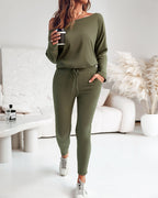 2-Piece Asymmetrical Neck Sweater and Drawstring Slim-Fit Pants Set