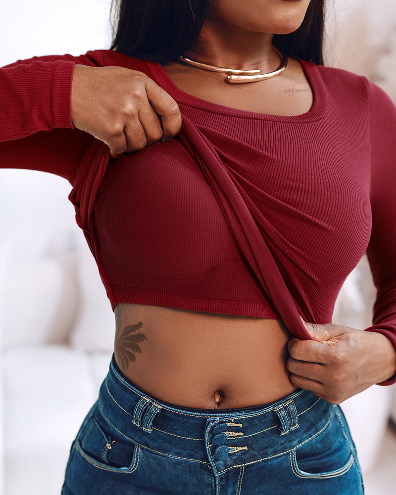 Built-In Bra U-Neck Tee Long Sleeve Stretchy Knit Top