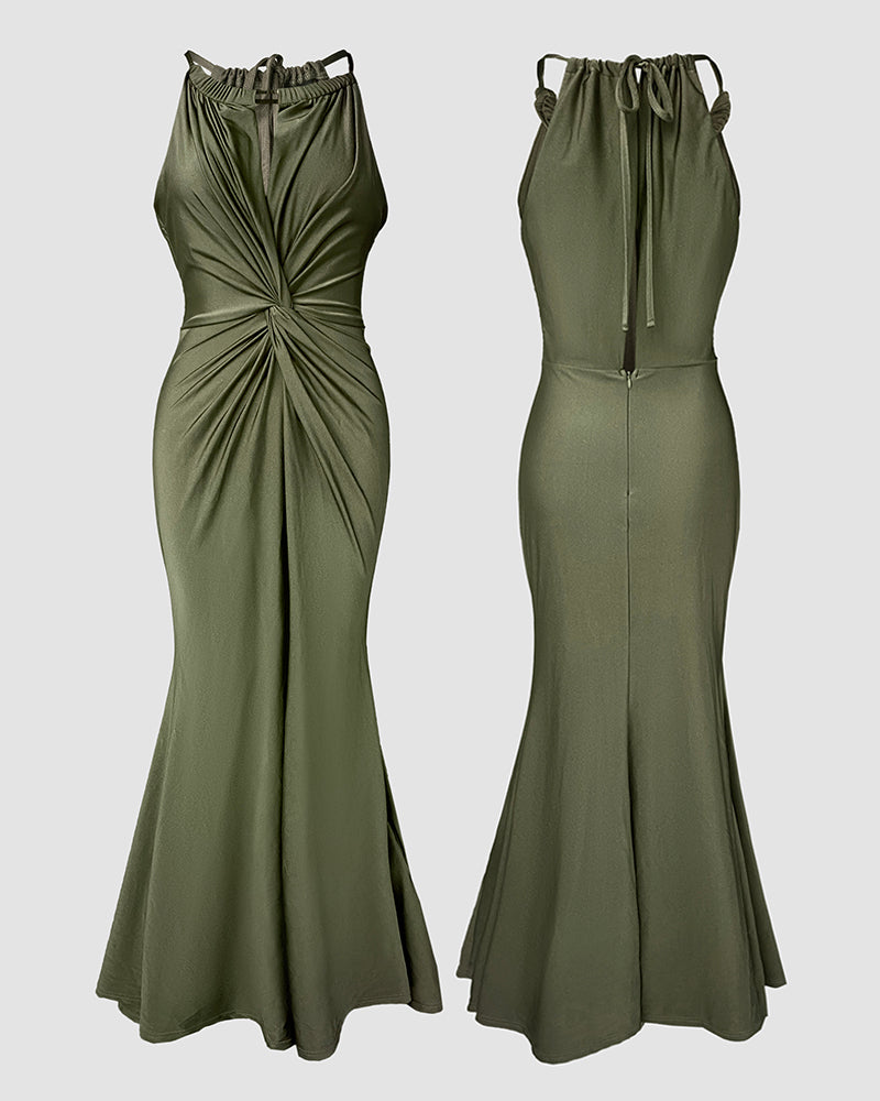 Satin Sleeveless Mermaid Dress with Hollow-Out Twist Front Detail