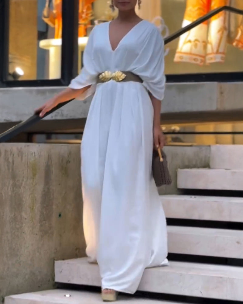 Deep V-Neck Jumpsuit with Ruched Sleeves and Waist Ties