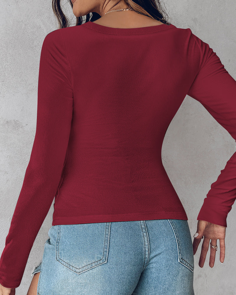 U-Neck Long Sleeve Ribbed Top with Built-In Bra