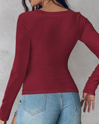 U-Neck Long Sleeve Ribbed Top with Built-In Bra