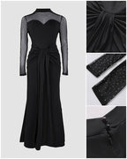 Mock Neck Rhinestone Mermaid Maxi Dress with Mesh Yoke