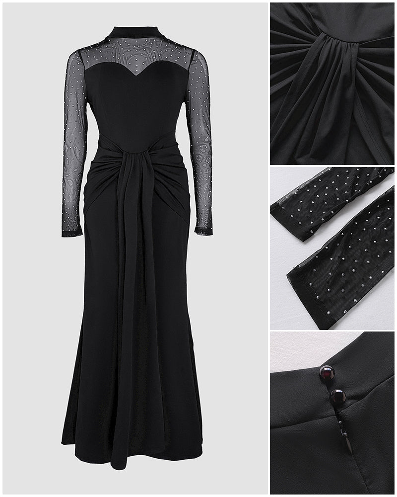 Mock Neck Rhinestone Mermaid Maxi Dress with Mesh Yoke