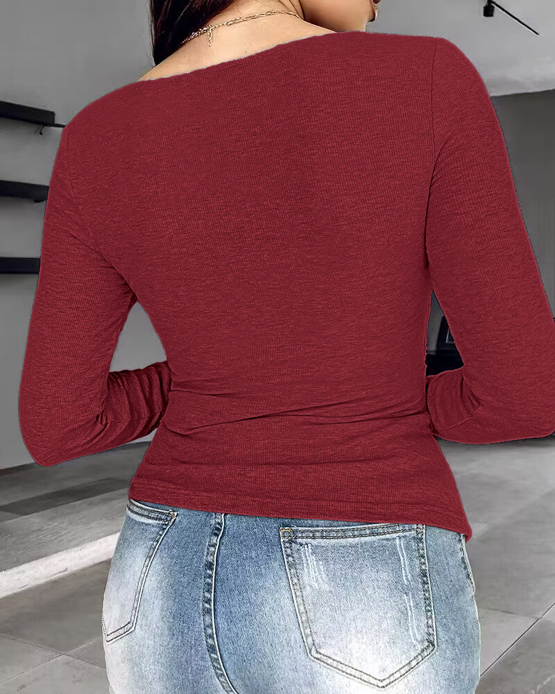 Rib Knit Notch Neck Long Sleeve Top with Built-In Bra