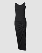 Side Slit Sleeveless Ribbed Maxi Dress with Drawstring Ruching