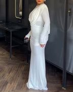 Padded Shoulder Cowl Neck Ruched Backless Maxi Dress