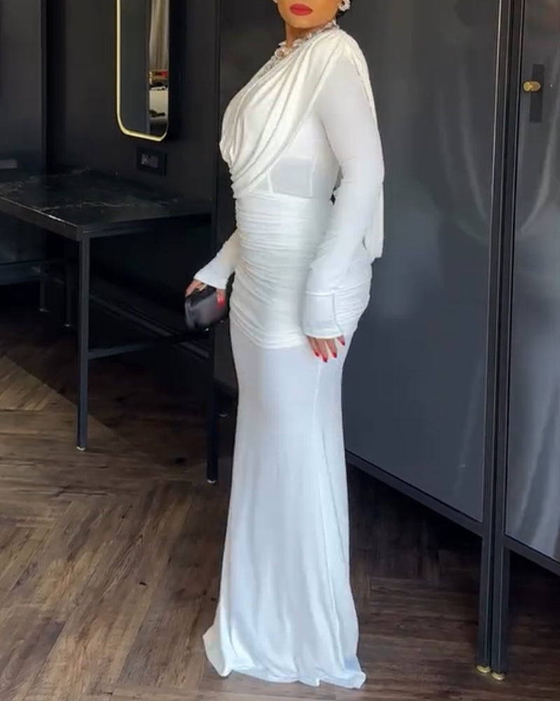 Padded Shoulder Cowl Neck Ruched Backless Maxi Dress