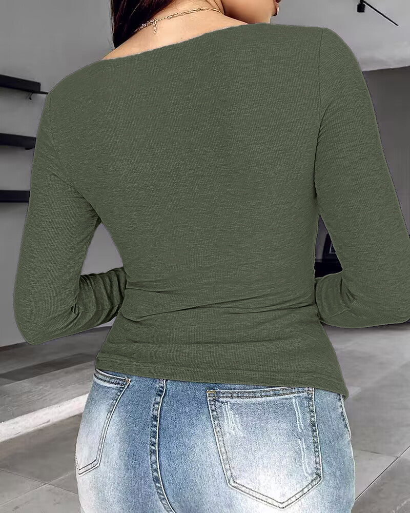 Rib Knit Notch Neck Long Sleeve Top with Built-In Bra