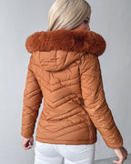 Fuzzy Trim Hooded Puffer Jacket with Shirred Zipper Pockets
