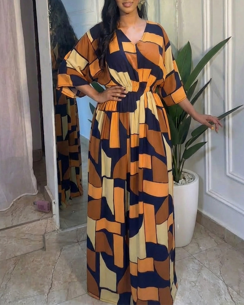 Geometric Colorblock V-Neck Batwing Waist-Cinched Jumpsuit