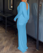 Padded Shoulder Cowl Neck Ruched Backless Maxi Dress