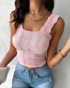 Floral Jacquard Square Neck Crop Top with Thick Straps